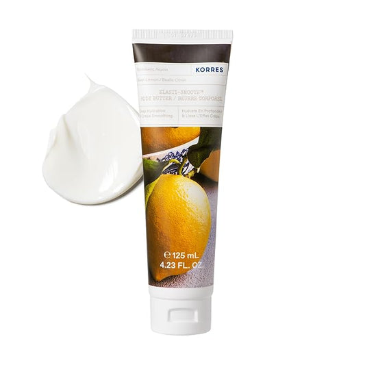 KORRES Elasti-Smooth Basil Lemon Body Butter With Shea Butter, Squalane And Greek Safflower Oil For Velvety Skin Texture, Fast Absorbing Whipped Moisturizer With Herbal Citrus Scent, 4.23 Fl Oz-Velvo Beauty
