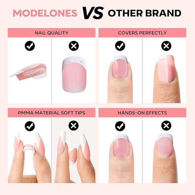 modelones French Tip Press on Nails, Short Square Fake Nails with Nail Box, Pink & White Gel Nail Tips for Women, Soft Glue-On Nails for Natural Salon Look, DIY Nail Art Kit-Velvo Beauty