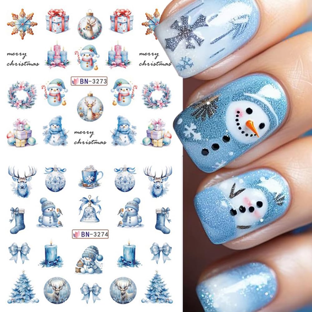 12 Sheets Christmas Nail Art Stickers Winter Snowflake Snowman Water Transfer Nail Decals Xmas Tree Santa Claus Penguin Gingerbread Man Design Acrylic Nail Foils for Women Kids DIY Holiday Nail Decor-Velvo Beauty