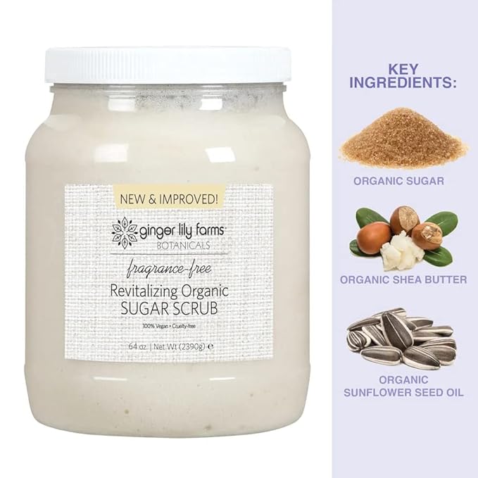 Ginger Lily Farms Botanicals Revitalizing Organic Sugar Scrub, All-Natural Skin Exfoliating Sugar Crystals, 100% Vegan & Cruelty-Free, Fragrance-Free, 64 oz.-Velvo Beauty