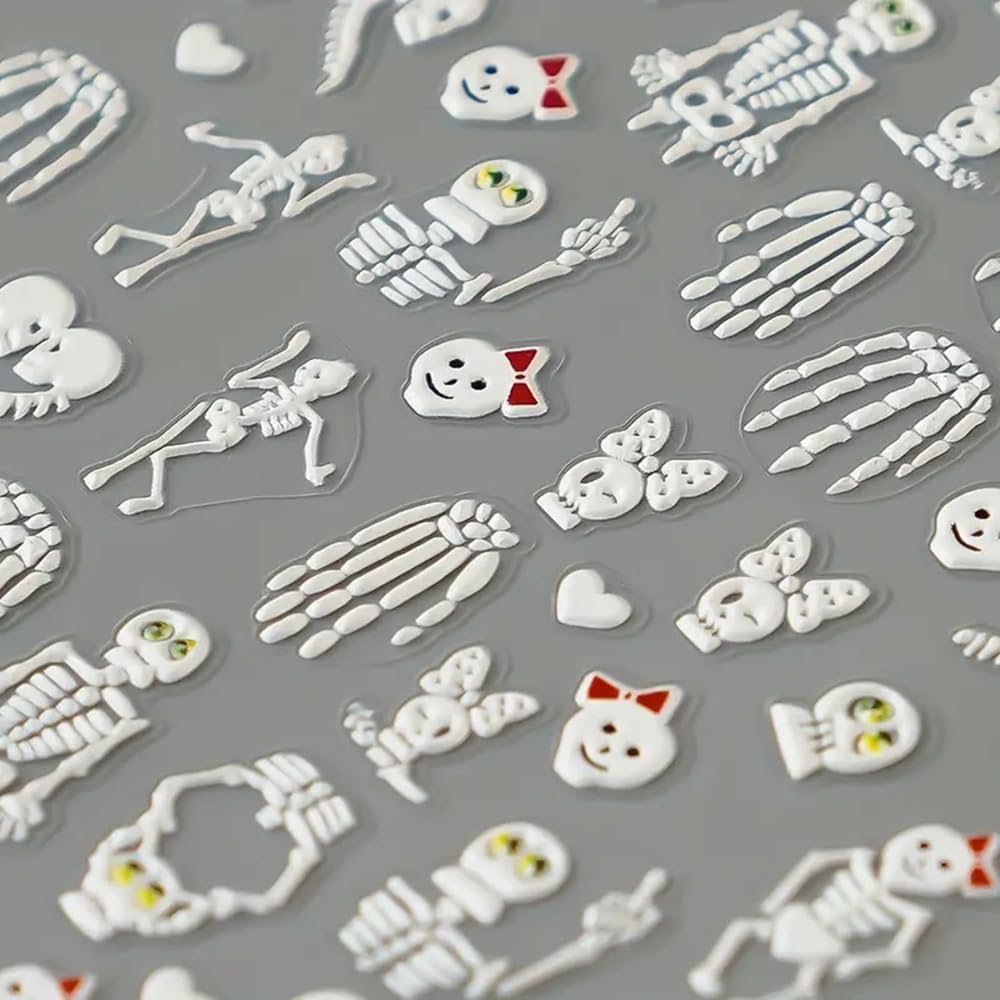2 Sheets Halloween 5D Embossed Nail Art Stickers - Skeleton, White Skull Nail Stickers with Spider Web Heart Design - Self-Adhesive Horror Decals for Women - Art Supplies and Decorations-Velvo Beauty