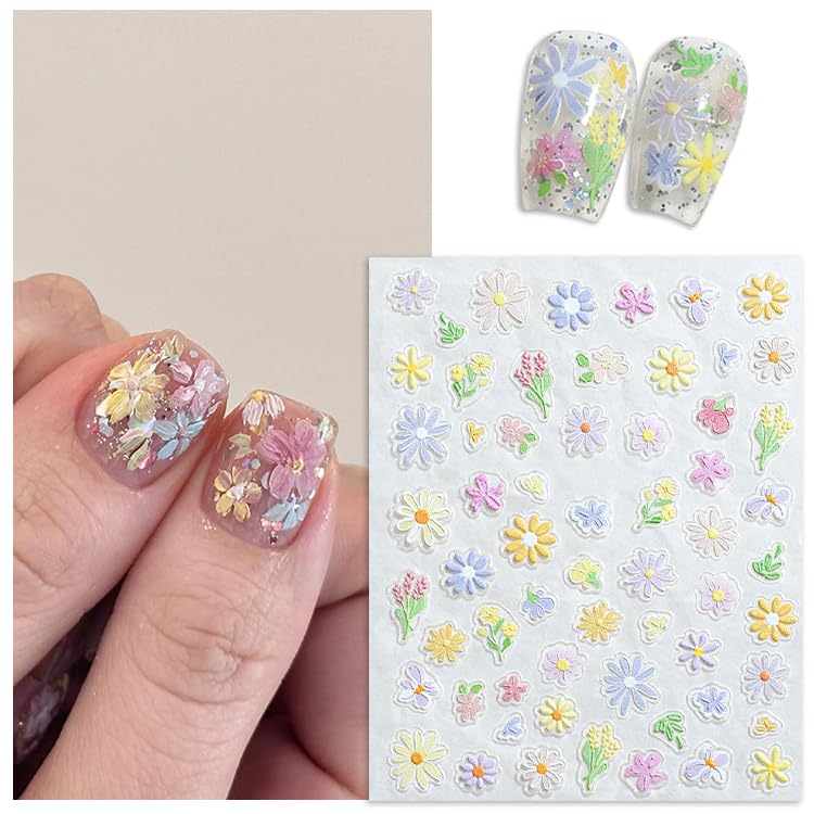 SILPECWEE 8 Sheets Flower Nail Art Stickers 3D Flower Daisy Nail Stickers Self-Adhesive Nail Design Stickers Spring Nail Decals for Nail Art Decoration Accessories-Velvo Beauty