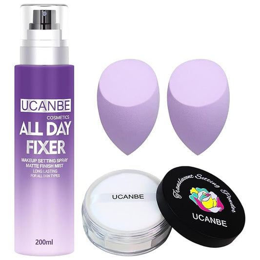 UCANBEMAKUP Long Lasting Makeup Setting Spray Kit- 6.76 Fl oz Hydrating Matte Finish Mist Lightweight Face Make up Fixer +Translucent Loose Setting Powder+2PC Sponge Puff Set-Velvo Beauty