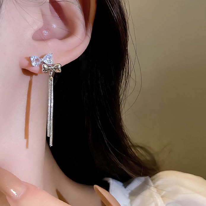 Vintage Crystal Bow Chain Drop Earrings Rhinestone Heart Stud Earrings Silver Long Chain Tassel Earrings Sparkly Cz Bridal Earrings Jewelry for Women-Velvo Beauty