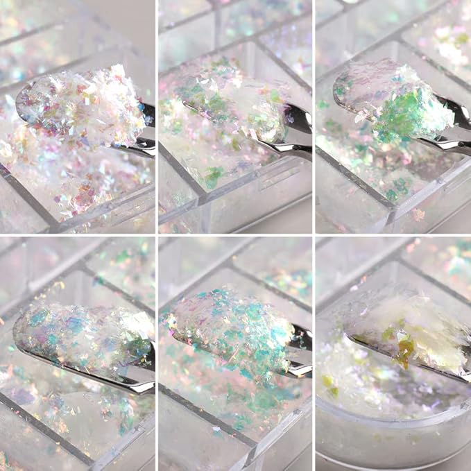 Holographic Iridescent Nail Art Nail Glitter KALEFUL Powder Aurora Foil Sequins Flakes Paillettes Designs Manicure Nail Decorations - 12 Grids-Velvo Beauty