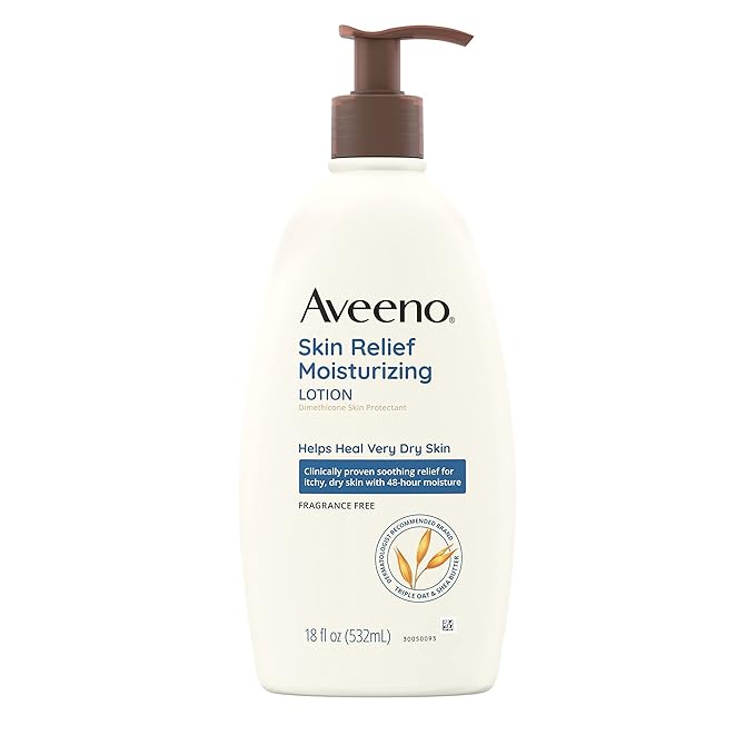 Aveeno Skin Relief Fragrance-Free Moisturizing Lotion for Sensitive Skin, with Natural Shea Butter & Triple Oat Complex, Unscented Therapeutic Body Lotion for Itchy, Extra-Dry Skin, 18 fl. oz-Velvo Beauty