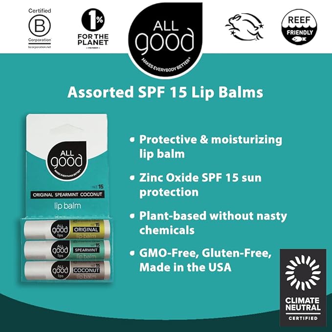 All Good Organic SPF15 Lip Balm - Hydrating Lip Care with Olive Oil, Beeswax, Calendula, Lavender, Vitamin E - Lip Moisturizer with Zinc Oxide Protection - Original, Spearmint & Coconut (6-pack)-Velvo Beauty