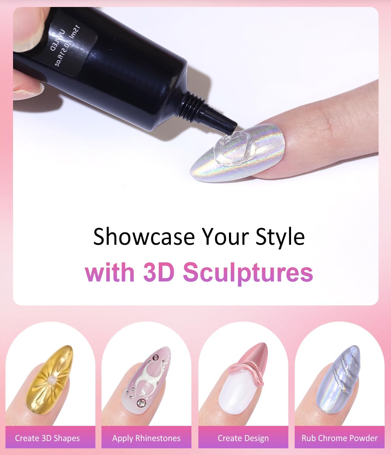 3D Nail Gel Art BISHENGYF - Rose Gold Chrome Nail Powder 15g 3D Nail Gel with Laser White Nail Powder Non-Sticky Clear 3D Sculpting for Art Home DIY-Velvo Beauty