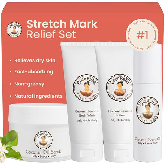 Cocobaba Stretch Mark Relief Set - Belly oil for pregnancy care package | Stretch Mark Cream for Pregnancy | Body wash | Body scrub | First time mom gift | Pregnancy Must have-Velvo Beauty