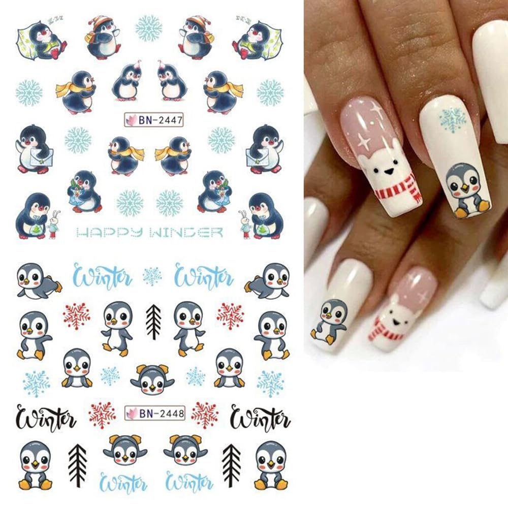 Snowflake Nail Art Stickers Decals Christmas Decorations - 12 Sheets Winter Snowman Elk Penguin Bear Design Water Transfer Slider Foils Supplies for Women DIY Acrylic-Velvo Beauty