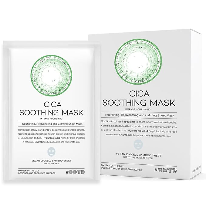 Cica Calming Mask for Face Sensitive Irritated Skin, Soothing, Moisturizing, Korean Anti Aging Face Mask, Eve Vegan, Chamomile, Hyaluronic Acid 10EA-Velvo Beauty