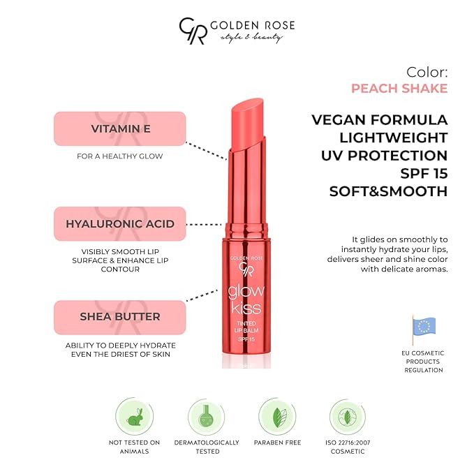 Golden Rose Cosmetics Glow Kiss Tinted Lip Balm with SPF15, Vegan Formula (Peach Shake)-Velvo Beauty
