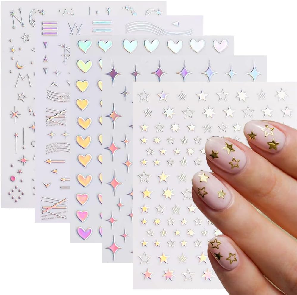10 Sheets Aurora Nail Art Stickers 3D Pegatinas Uñas Holographic Laser Heart Star Moon Flame Nail Decals Self Adhesive Nail Stickers Nail Supplies DIY Nail Design Nail Art Decoration-Velvo Beauty