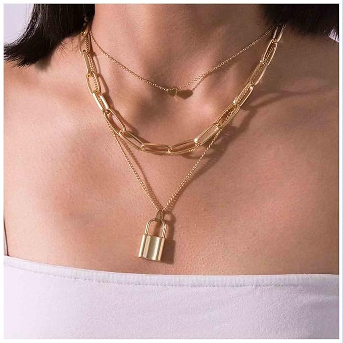 Punk Layered Heart Choker Necklace Gold Lock Pendant Necklace Chunky Paper Clip Chain Necklace Vintage Statement Necklace Chain Jewelry for Women and Girls Gift-Velvo Beauty