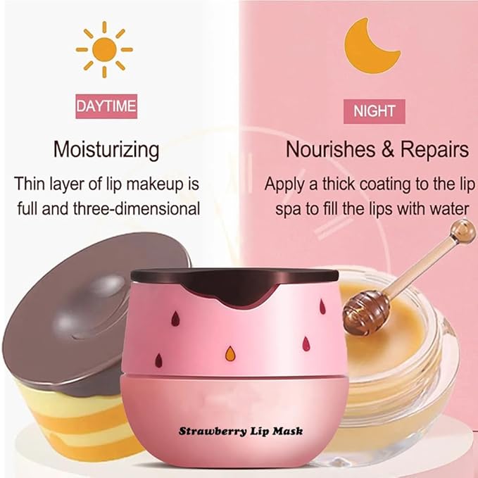 Honey Lip Balm Pot, Propolis Lip Mask, Strawberry Hydrating Propolis Lip Sleeping Mask, Prevent Dry&Cracked, Lip Repair Nourishes the Lip Skin (honey&straberry&cherry&apple)-Velvo Beauty