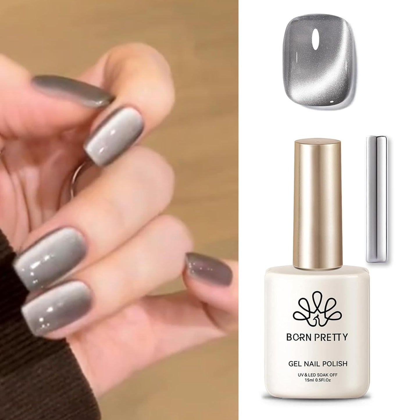 Born Pretty Cat Magnetic Eye Gel Nail Polish, Gray Moonlight Cat Magnetic Gel, Glass Shiny Effect Gray Soak Off Nail Art Salon Manicure Home Gift 15ml-Velvo Beauty