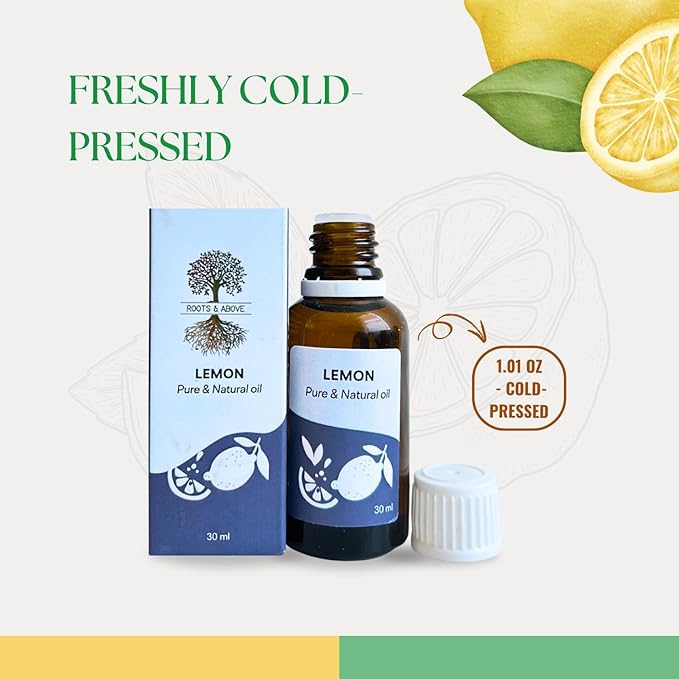 Roots & Above Pure Natural Lemon Essential Oil 1.01 oz/30ml Cold Pressed Oils for Skin, Hair, Massage, Diffusers & Candle Making-Velvo Beauty