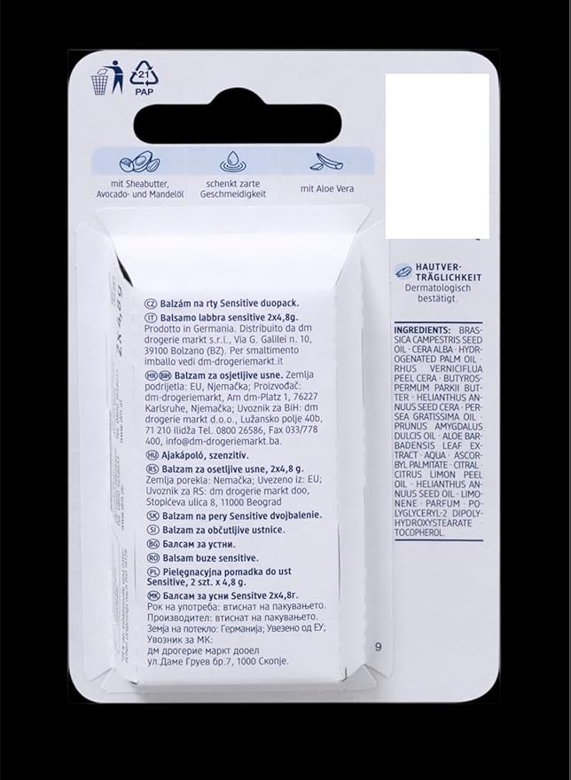 Balea Lip Care Sensitive, Moisturizing Lip Balm with Aloe Vera 9.6 g (pack of 2) - German product-Velvo Beauty