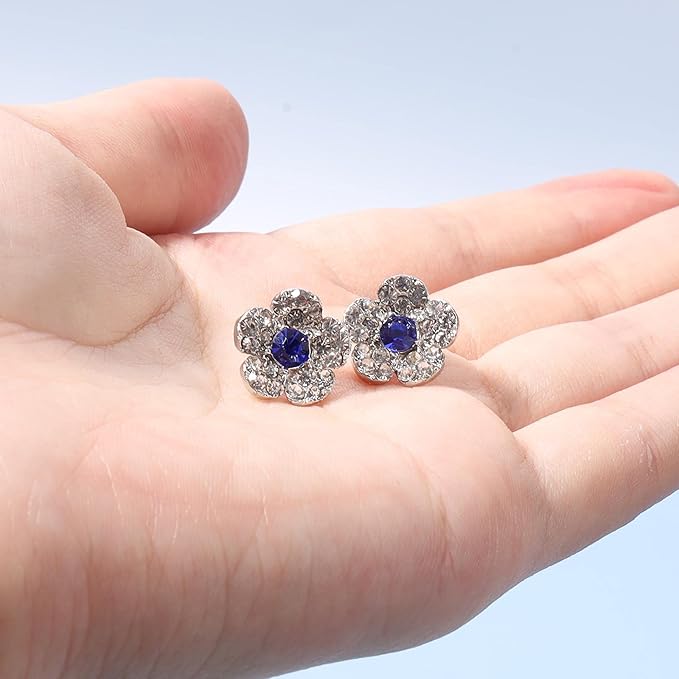 Boho CZ Flower Studs Earrings Silver Crystal Earrings Blue Flower Earrings Studs Wedding Earrings Jewelry for Women and Girls-Velvo Beauty