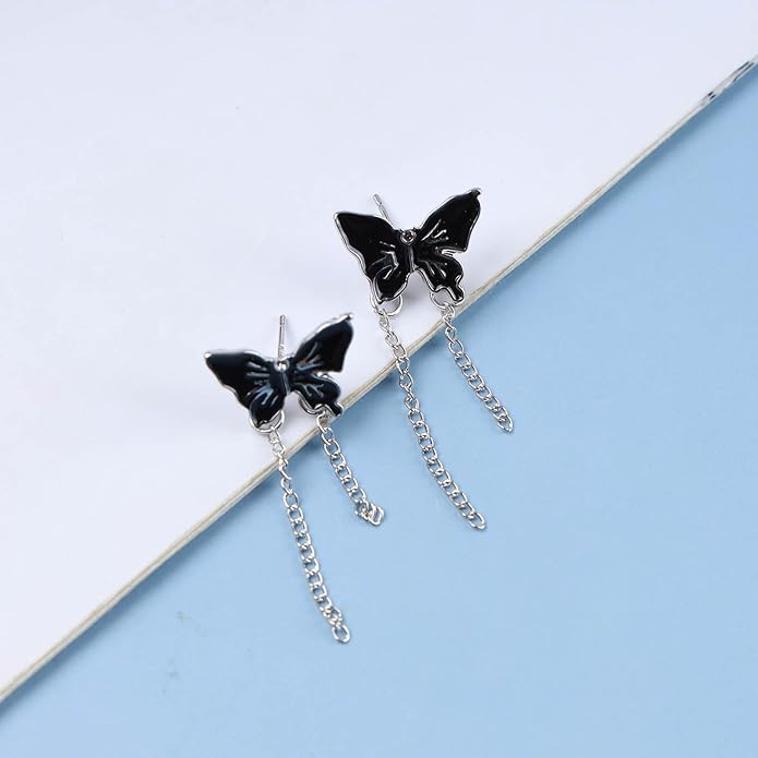 Vintage Butterfly Stud Earrings Silver Chain Tassel Dangle Earrings Black Butterfly Earrings Layer Chain Drop Earrings Jewelry for Women-Velvo Beauty