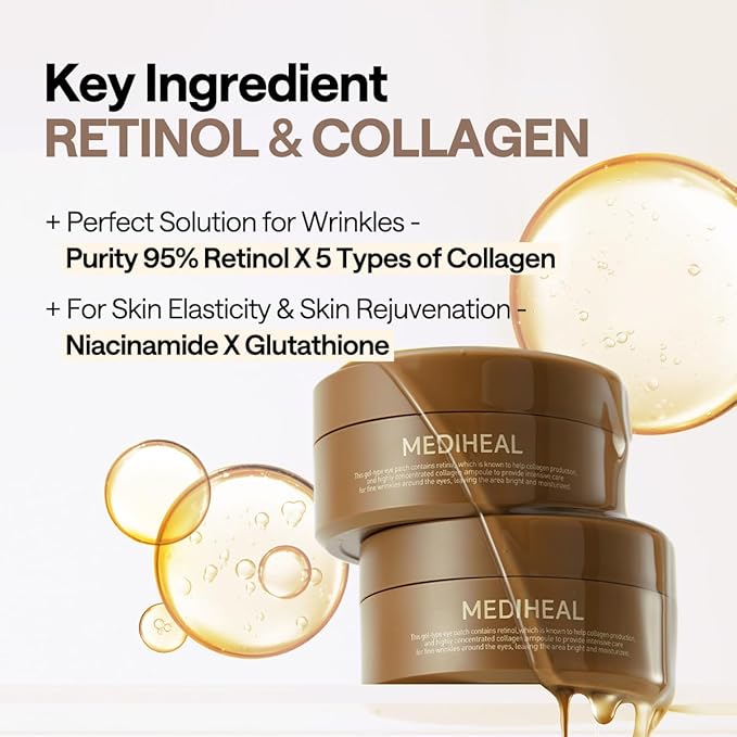 Mediheal Retinol Collagen Under Eye Patches - Korean Hydrogel Eye Pads (60 patches) with 95% Retinol & 5 Micro Collagen. Nourishing & Non Irritating Eye Gel Mask. Sealing Cap & Spatula Included.-Velvo Beauty