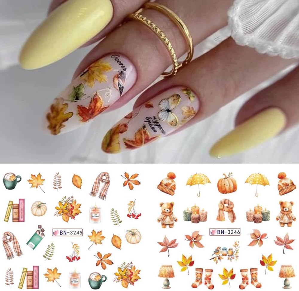 Fall Thanksgiving Nail Art Stickers Decals Autumn Maple Leaf Water Transfer Nail Foils Supplies Fall Pumpkin Squirrel Fox Mushroom Designer Nail Decals for Nail Art Thanksgiving Nail Art Decoration-Velvo Beauty
