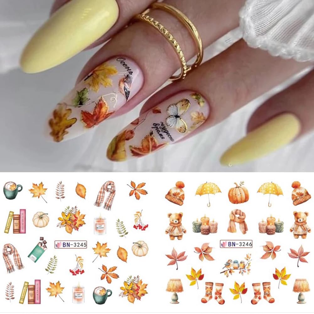 Fall Maple Leaf Nail Art Stickers for Thanksgiving Day Accessories - Autumn Water Transfer Decals With Fall Harvest Pumpkin Squirrel Bird Watermark Slider Foils for Women-Velvo Beauty