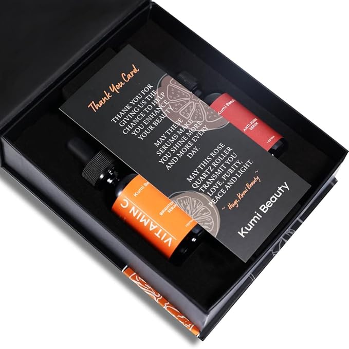 Kumi Beauty. K-Beauty Serums ~ 3 in 1 Gift Box ~ ||| Set: 2 Face Serums (Vitamin C + Retinol) + 1 Rose Quartz Roller.-Velvo Beauty