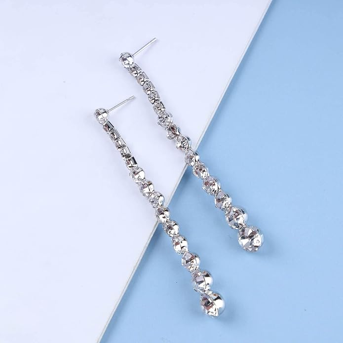 Vintage Rhinestone Chain Drop Earrings Silver Linear Crystal Earrings Sparkle Cz Tassel Earrings Long Cz Chain Stud Earrings Jewelry for Women and Girls-Velvo Beauty