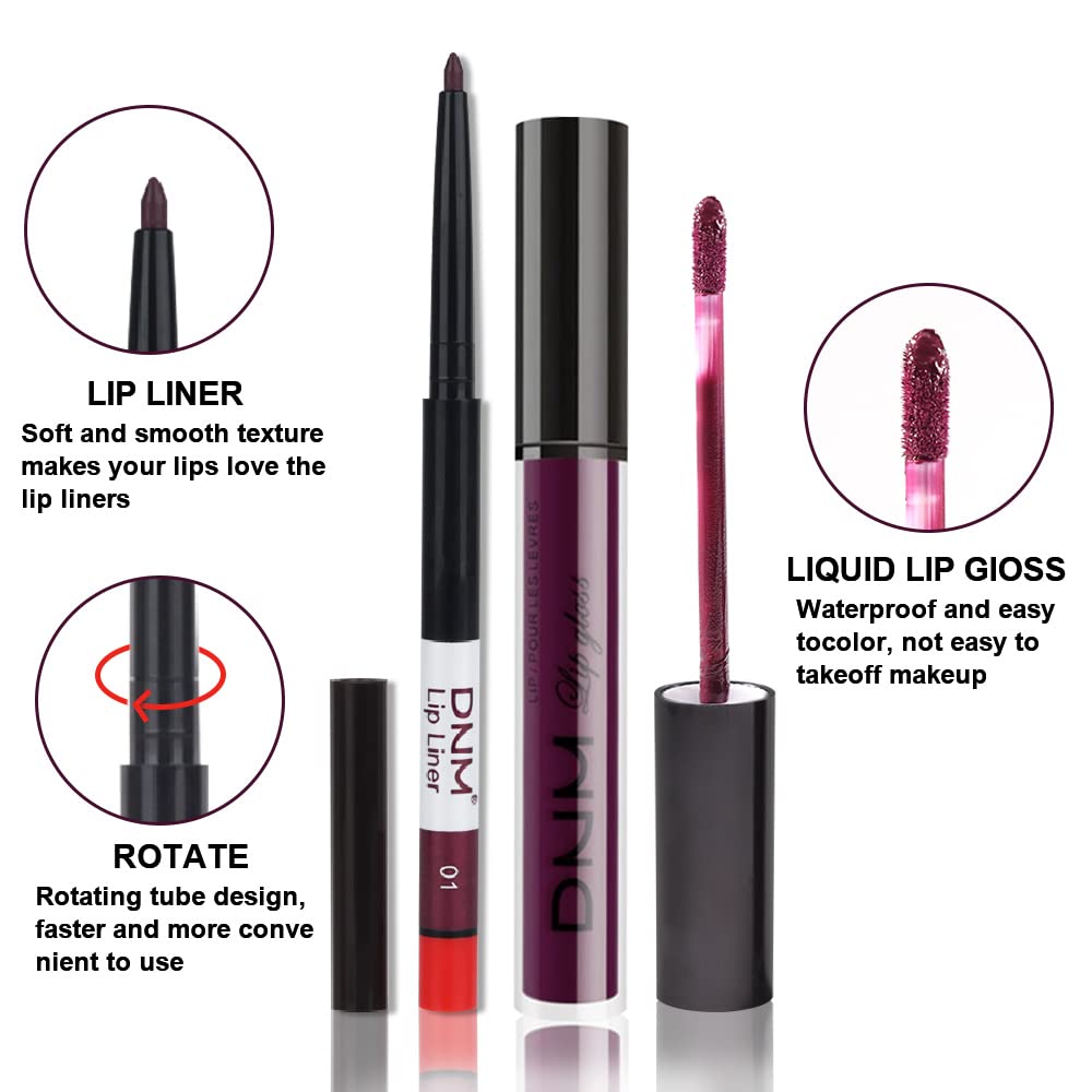 evpct 2Pcs Purple Plum Matte 24-hour Liquid Lipstick and Lip Liner Pencil Makeup Set Women Dark Red Bright Berry Liquid Lipstick Matte Lip Tint 24H and with Lip Liner Set Waterproof Long Lasting 1-Velvo Beauty