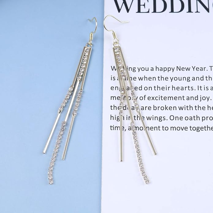 Vintage Crystal Tassel Earrings Rhinestone Bar Drop Earrings Long Rhinestone Chain Earrings Gold Cz Bar Hook Earrings Sparkle Tennis Chain Earrings Jewelry for Women-Velvo Beauty