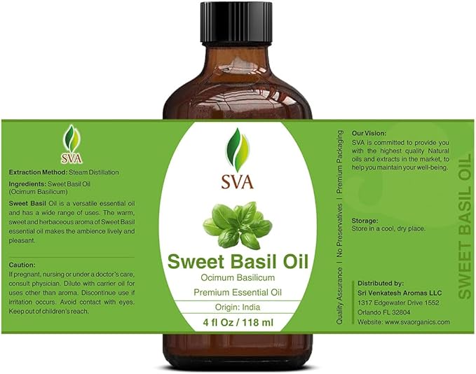 SVA Sweet Basil Essential Oil – 4 Fl Oz – 100% Natural Basil Oil - for Diffuser, Hair Care, Face, Skin Care, Aromatherapy, Scalp and Body Massage, Soap and Candle Making – with Dropper-Velvo Beauty