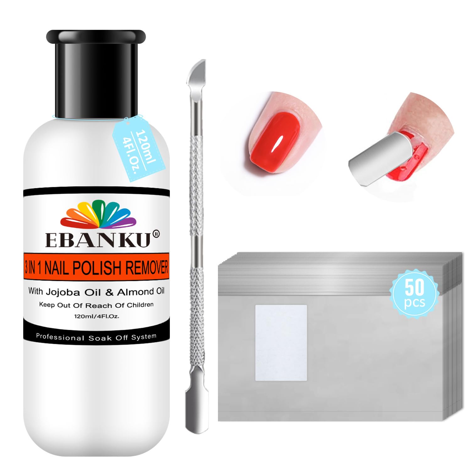 EBANKU Nail Polish Remover Kit, 120ML Professional Soak off Gel Remover with 50pcs Nail Foil and Tools for Nail Moisturizing & Care, Acrylic Dip Powder Nails Remover-Velvo Beauty