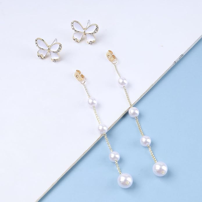 Vintage Butterfly Pearl Drop Earrings Gold Pearl Chain Earrings Long Pearl Tassel Earrings White Butterfly Stud Earrings Wedding Pearl Earrings Jewelry for Women-Velvo Beauty