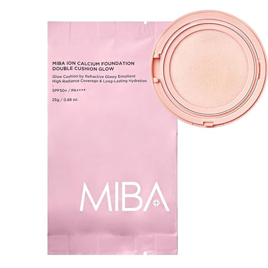 MIBA Ion Calcium Foundation Double Cushion Glow 25 g / 0.88 oz Big Cushion SEASON 3. Long Lasting Cover Effect. Moisture glow. Skin tightening relief. Smooth adhesion. (#21 Rosy Ivory Refill)-Velvo Beauty