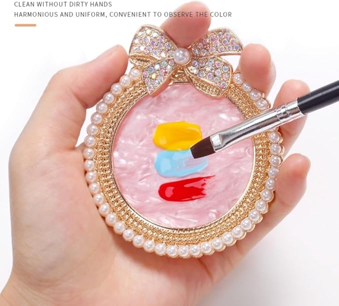 Bow Resin Nail Art Palette, Nail Polish Makeup Mixing Plate, Bow Shaped Pearl Inlaid with Diamonds Nail Display Board Palette (Pink)-Velvo Beauty