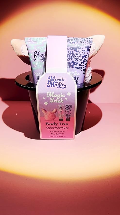 MAD BEAUTY Mystic Magic Rabbit in the Hat Body Trio, 3-in-1 Bath Kit: Exfoliating Loofah, Body Lotion, & Body Wash, Gorgeous Jasmine & Indigo Violet, Relax & Unwind, Great Self-Care Gift Set-Velvo Beauty