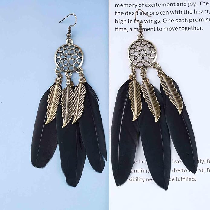 Boho Black Feather Dangle Earrings Long Feather Tassel Earrings Vintage Tribal Feather Earrings Gold Feather Drop Earrings Jewelry for Women-Velvo Beauty