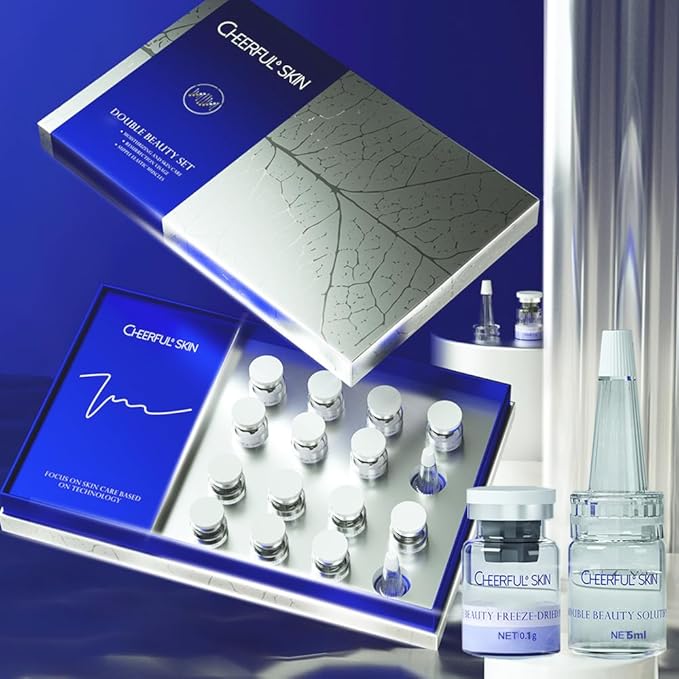 Cheerful Skin Double Beauty Set, Anti Oxidation & Aging Freeze-Dried Powder for 7 days Firming Lightening Fine Lines, Includes 7 Pairs of Powder 100mg+Solution 5ml Set, 2 Droppers-Velvo Beauty
