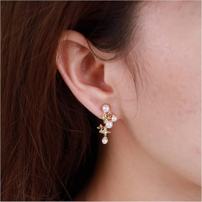 Vintage Pearl Star Earrings Rhinestone Pearl Drop Earrings Gold Crystal North Star Earrings Cz Northstar Studs Earrings Jewelry for Women-Velvo Beauty