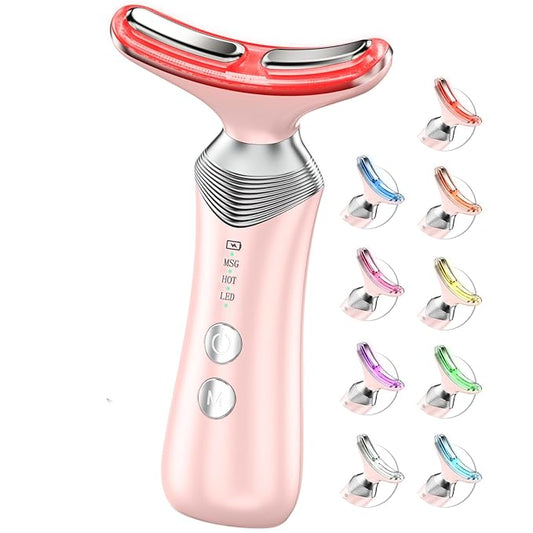 9-in-1 Red-Light-Therapy-for-Face-and-Neck, Portable Facial Massager Tool with Adjustable Vibration & Thermals for Wrinkles, Double Chin, Pink-Velvo Beauty