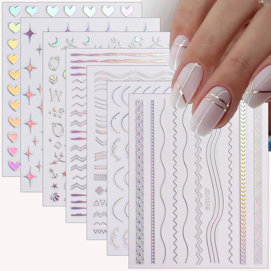 12 Sheets French Line Nail Art Stickers Aurora Star Heart Nail Decals Self-Adhesive Pegatinas Uñas Glitter Holographic Laser Silver Nail Supplies for Women Nail Art Design Decoration-Velvo Beauty