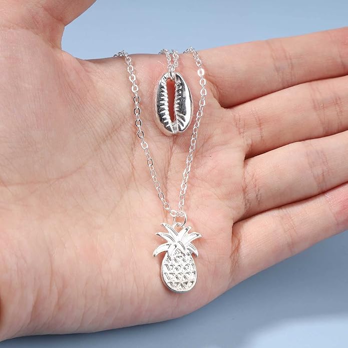 Boho Layered Shell Pineapple Choker Necklace Silver Seashell Pendant Necklace Vintage Cowrie Shell Necklace Beach Charm Necklace Jewelry for Women Gifts-Velvo Beauty