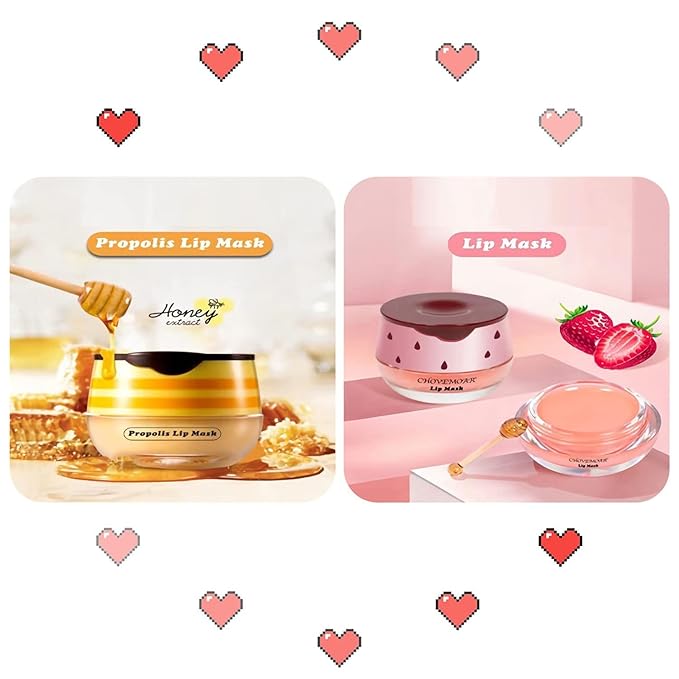 4PCS Nourishing Bee Lip Balm Honey Pot, Honey & Strawberry Lip Mask Moisturizing Lip Balm with Brush, Hydrating & Prevention Dry and Cracked Lips Reduces Lip Lines Lip Care Product-Velvo Beauty