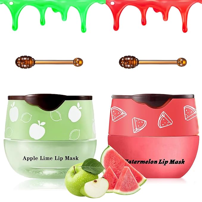 2 PCS Bee Lip Balm Honey Pot, Watermelon & Apple Lime Lip Sleeping Masks Overnight, Hydrating Prevention Dry and Cracked Lip Scrubs Exfoliator Lip Care, Reduces Lip Lines-Velvo Beauty