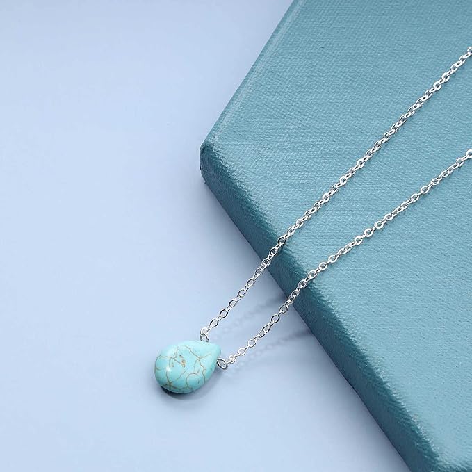 Boho Long Turquoise Necklace Silver Teardrop Turquoise Necklace Blue Turquoise Pendant Necklace Vintage Long Pendant Chain Necklaces Jewelry for Women and Girls-Velvo Beauty