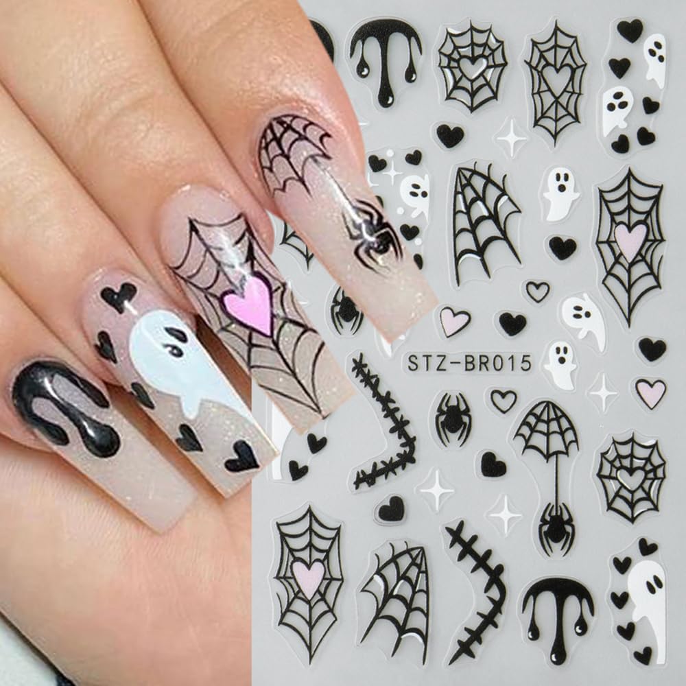 4sheets Halloween Nail Stickers 3D Self-Adhesive Ghost Nail Art Stickers - Black Spider Bat Decals with Heart Spider Web Blood Droplets Design for Women DIY Holiday Nail Decoration-Velvo Beauty