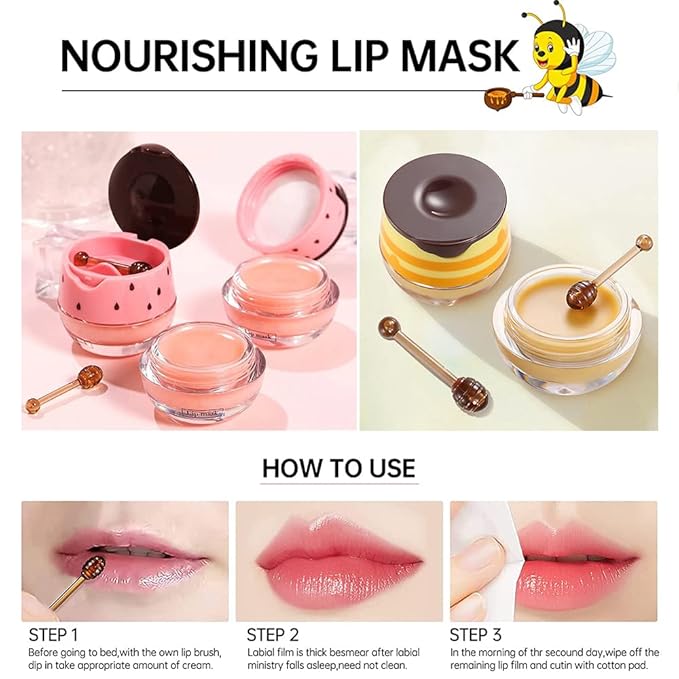 2PCS Bee Balm Lip Balm Honey Pot & Strawberry Sleeping Lip Mask, Propolis Moisturizing Honey Lip Mask Lip Balm, Hydrating & Prevention Dry and Cracked Lip Scrubs Exfoliator, Winter Lip Care Products-Velvo Beauty