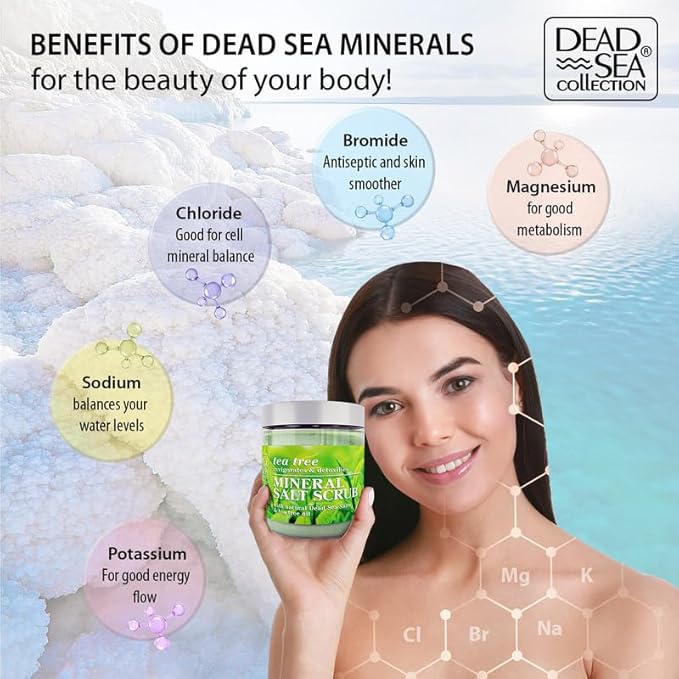 Dead Sea Collection Tea Tree Salt Scrub – Exfoliating Body Scrub for Women – Moisturizing and Nourishing Skin – with Pure Oils and Dead Sea Minerals (23.28 Oz)-Velvo Beauty