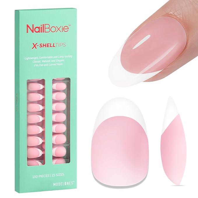 modelones French Tip Press on Nails, 150Pcs Short Almond Fake Nails with Nail Box, Pink Gel Nail Tips for Women, Soft Glue-On Nails for Natural Salon Look, DIY Nail Art Kit (15 Sizes)-Velvo Beauty